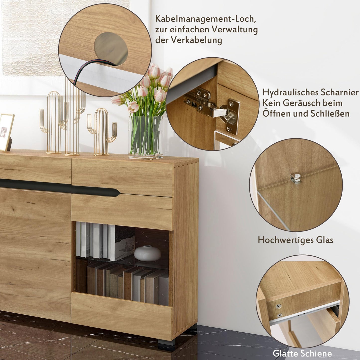 Buffet Salon LED, Meuble Buffet avec 3 Portes 3 Tiroirs, Vitrine Couleur Bois, Commode de Chambre Moderne et Élégante, Beaucoup D'espace de Rangement, Portes Acrylique Transparent, 140x35x80 cm