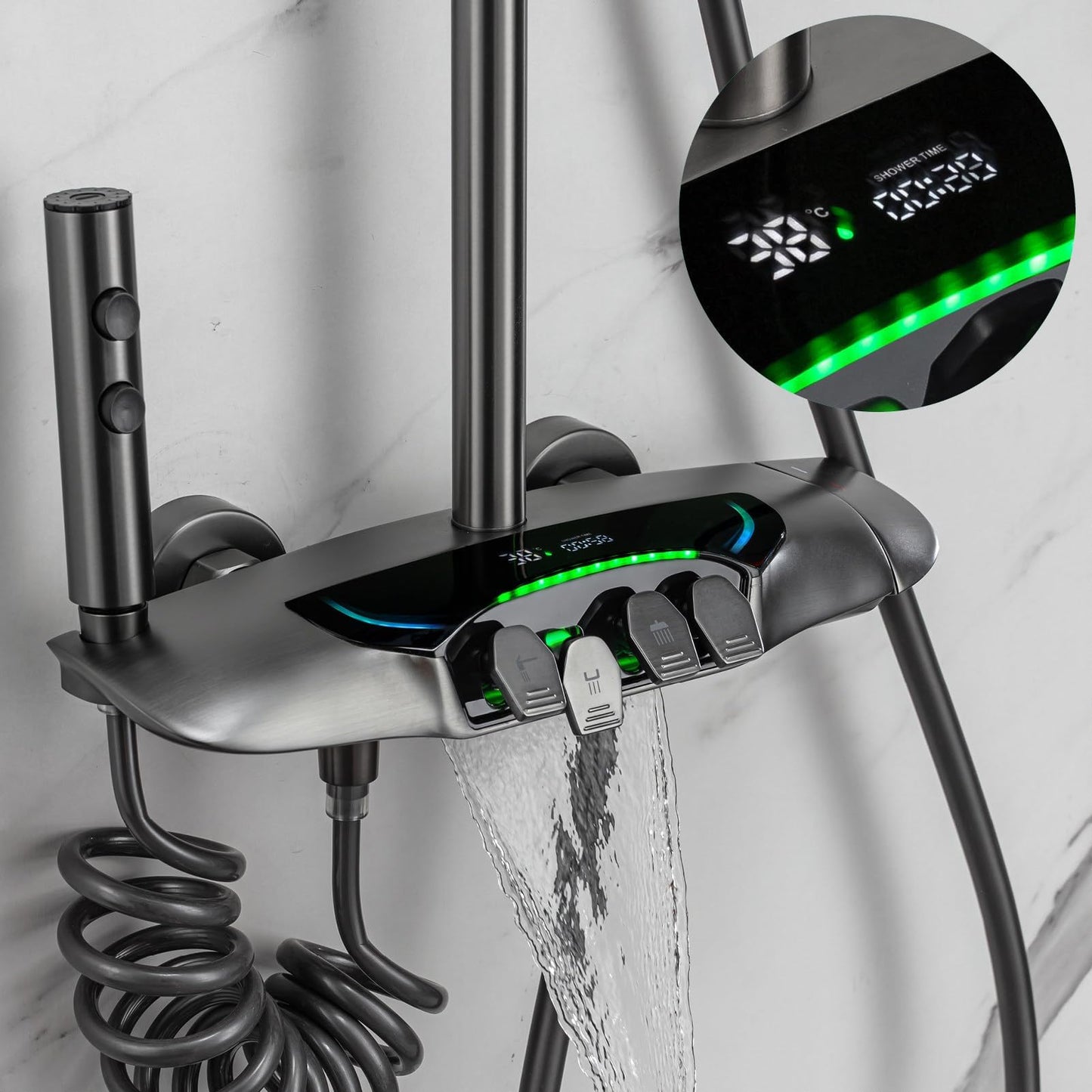 Colonne de Douche Thermostatique, Système de douche mural Piano Key avec affichage numérique LED, Douche de tête 30x20cm, Douchettes, Robinets de Baignoire, Pulvérisateurs de Bidet Gris pistolet