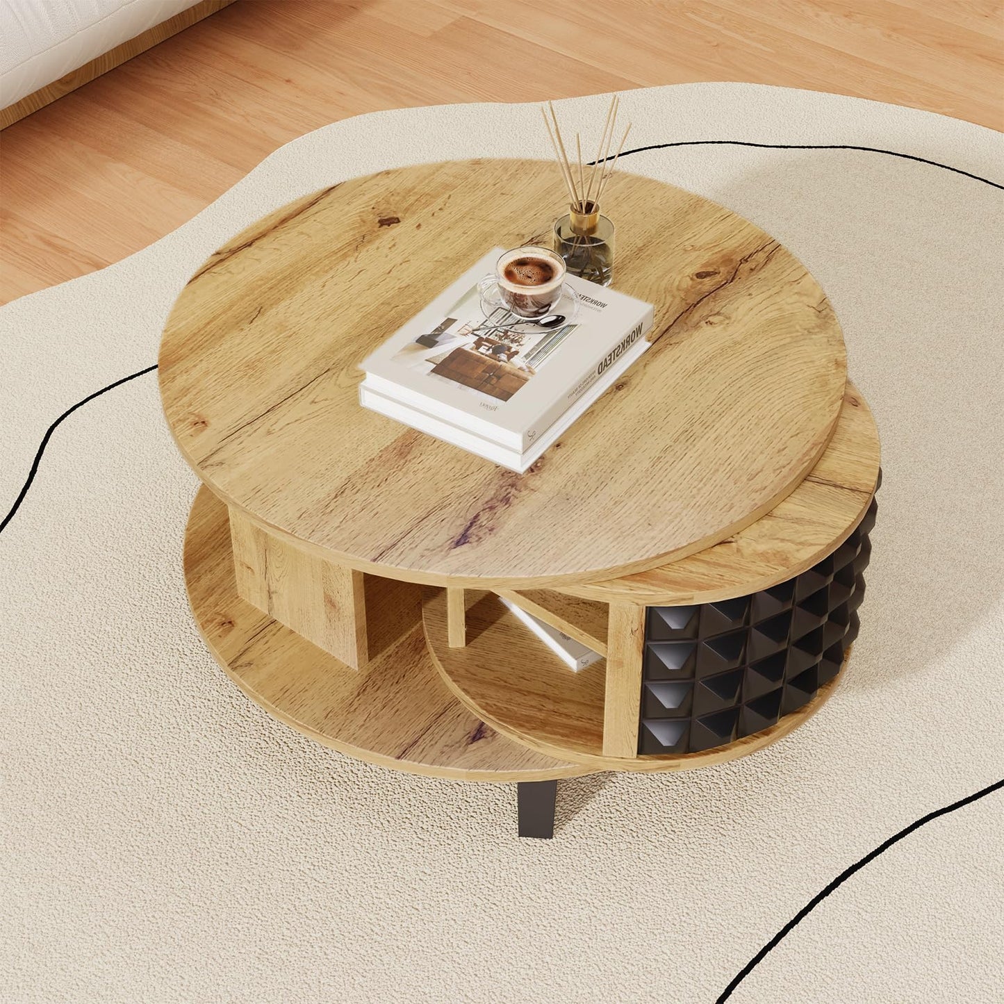 Table basse, table pivotante, table basse ronde, avec étagère interne cachée, table basse couleur bois avec pieds noirs, étagère de rangement rotative à 360 degrés, table basse 85,2 x 80 x 45,2 cm