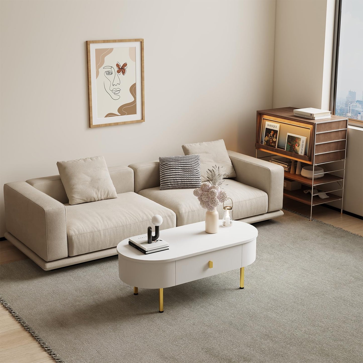 Peiaw Table Basse,Table de Salon,Table Basse Moderne,Table Basse avec tiroir,Table Basse de Salon Blanche,Poignées dorées et Coins incurvés,1 tiroir,Table Basse 108 x 50 x 40 cm
