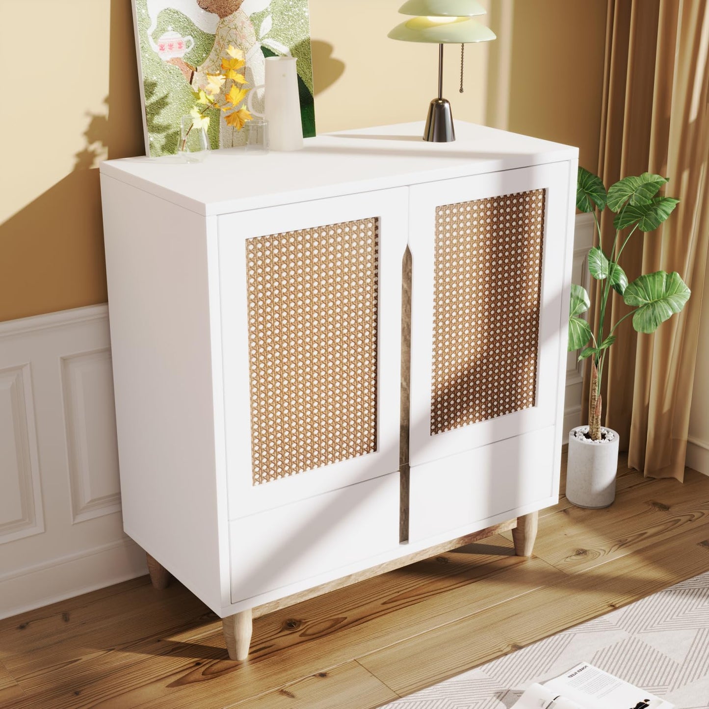 Buffet,meuble de cuisine rangement,Buffet en bois blanc,Buffet avec 2 portes et 2 tiroirs,Buffet avec pieds en bois massif et porte imitation rotin,Meuble de rangement entrée salle à manger 80 x 40 x
