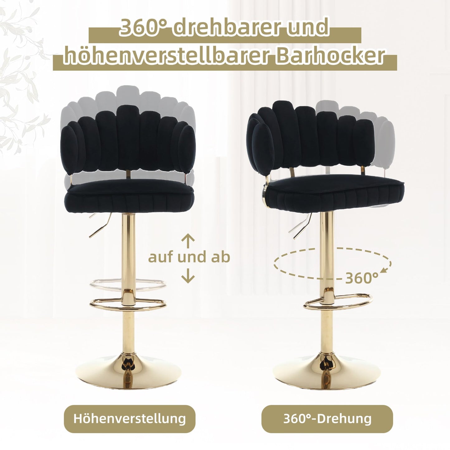 Tabouret Bar Lot de 2 Pivotants Velours Chaise de Bar à Hauteur Comptoir avec Dossier, Repose-pieds, Chaise Haute Bar Comptoir Réglables, Chaises D'îlot pour Salle à Manger, Noir/Gris/Ivoire/Émeraude