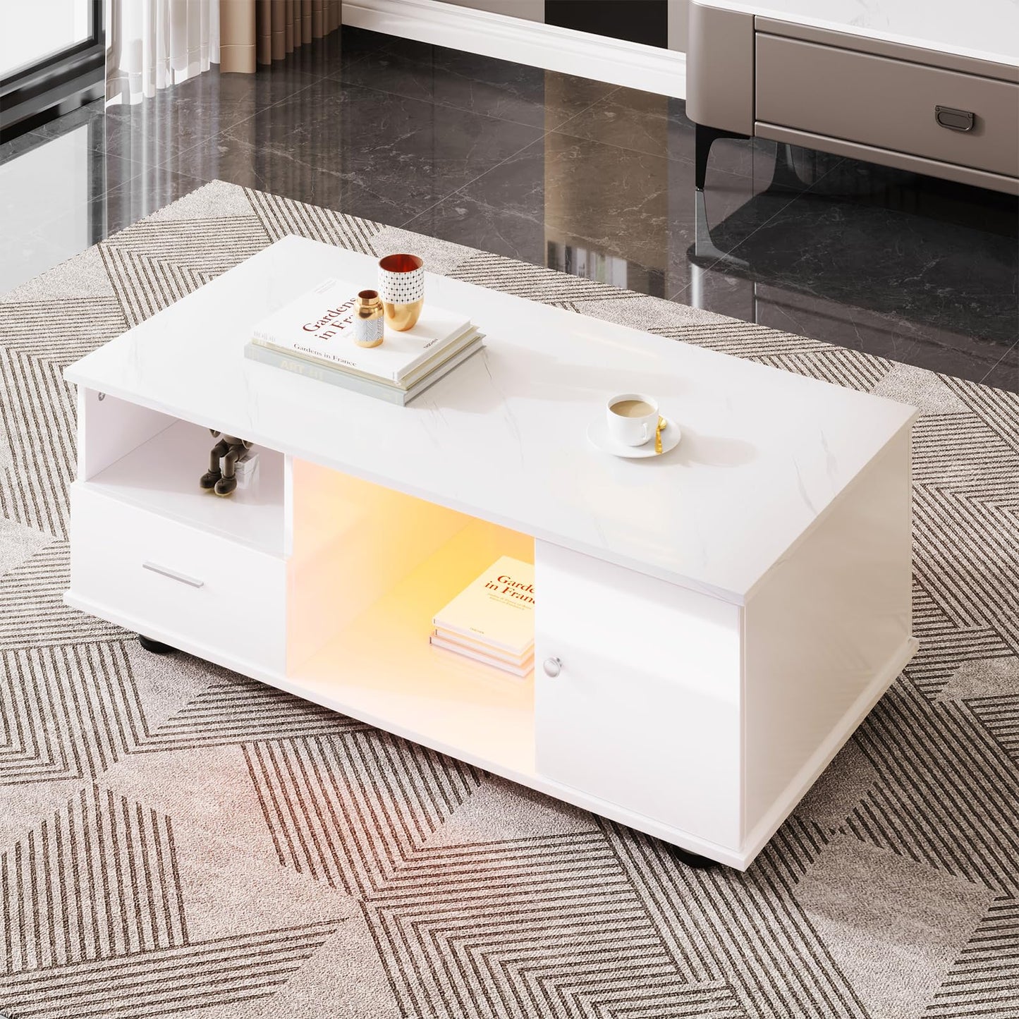 Peiaw Table Basse,Table Basse Salon,Table Basse Blanche,Table Basse LED Moderne,Table Basse avec Plateau en marbre,Table Basse avec Deux tiroirs et Portes,Table Basse 110 x 38,8 x 55 cm