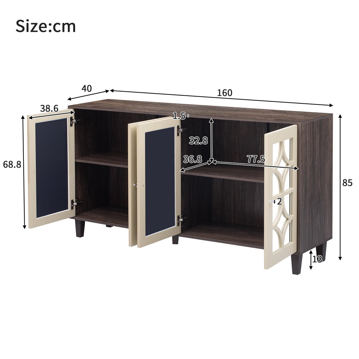 Buffet Moderne avec 4 Portes Miroir, Buffet Miroir avec Poignées en Cristal Froid, Stratifié Mobile, Armoire de Cuisine, Bahut pour Salon et Salle à manger, 160 x 40 x 85 cm, Blanc/Bois et Marron