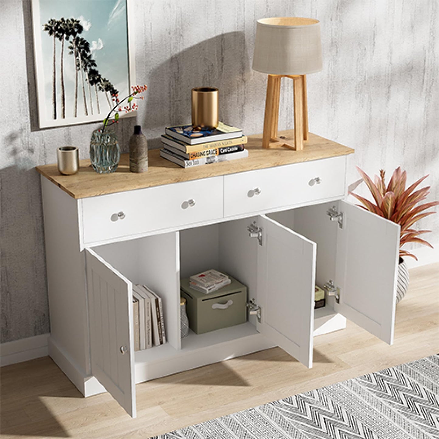 Buffet,buffet bahut salon blanc,Buffet avec 3 portes et 2 tiroirs, buffet avec poignées argentées et charnières amorties, meuble de rangement 120 x 36 x 80.5 cm,Convient couloir du balcon chambre