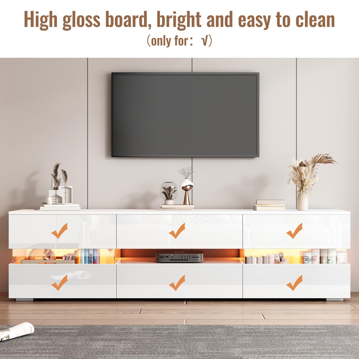 Meuble TV Blanc Brillant 160 cm Banc TV Moderne avec Éclairage LED, 2 Portes, 1 Tiroir, Compartiment Ouvert, pour Téléviseur 70 Pouces, Insert en Verre Acrylique et Ouverture à Pression, Meuble Salon