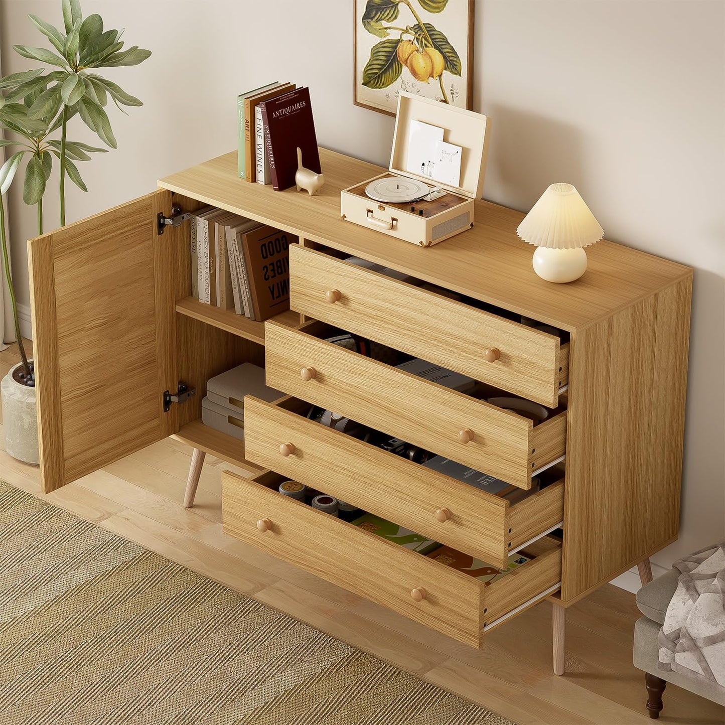 Buffet,meuble de rangement cuisine,Buffet en bois, meuble de rangement multifonctionnel,buffet bas,Commode avec 4 tiroirs et 1 porte en rotin, buffet avec grand espace de rangement 120 x 40 x 83 cm