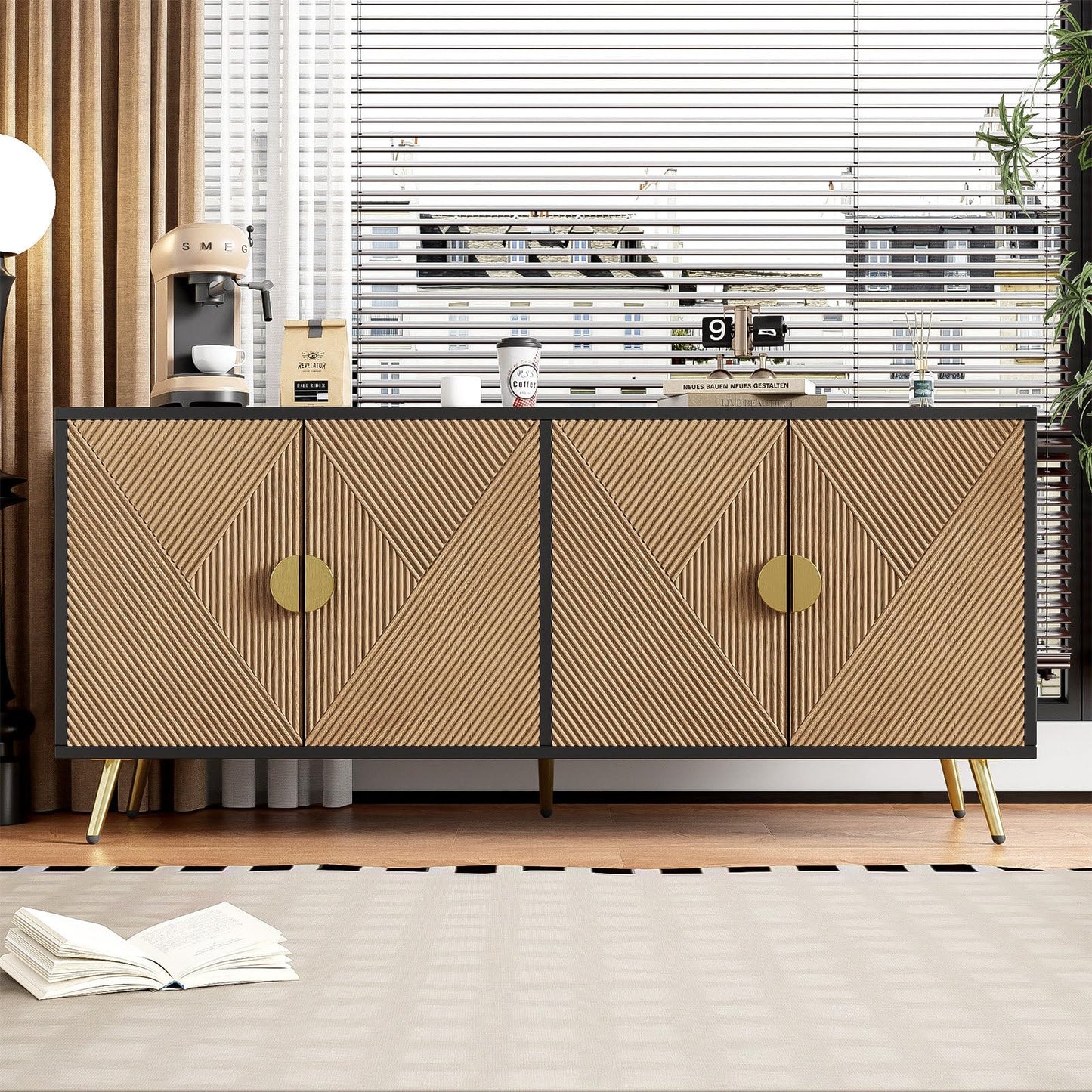 Sideboard mit 4 Türen, Kommode, Küchenschrank, Mehrzweckschrank für Wohnzimmer, Esszimmer, Schlafzimmer, Goldene Gebürstete Griffe, Hochglanz Tischbeine, Premium MDF und PB, 160 x 75 x 40 cm (B/H/T)