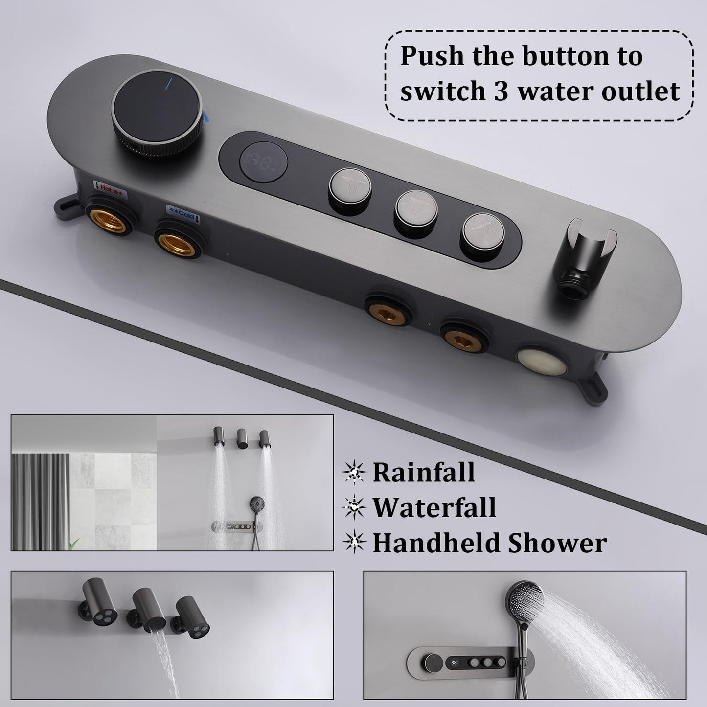 Colonne de Douche Thermostatique, Gris Pistolet Colonne Douche Encastrable Affichage Numérique Ensemble de Douche Mural Forme du Spot Kit de Douche avec Pommeau de Douche et Douchette