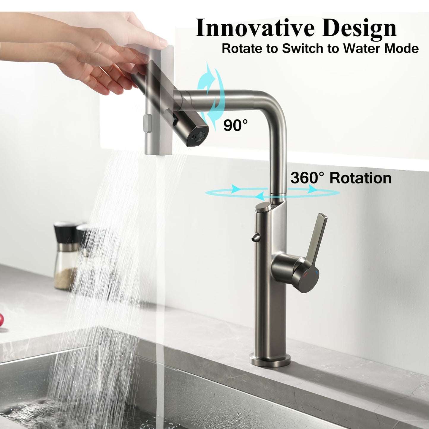 Cuisine 3 Voies avec Douchette Extractible, Robinetterie eau Potable Pivotant à 360°, 4 Modes Robinet Cuisine Cascade, Robinet Mitigeur Évier de Cuisine pour Systèmes d'Osmose
