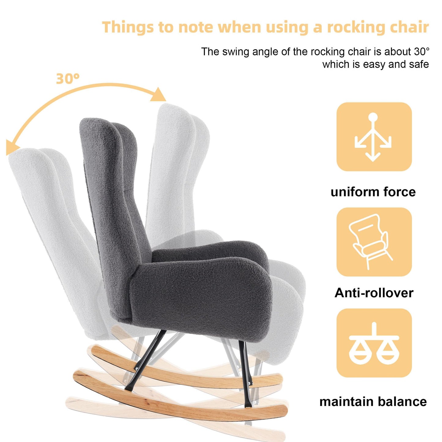 SHUGUANG Chaise a Bascule avec Cadre en Bois Massif, Fauteuil À Bascule Teddy-Fleece-Stoff, Conception Simple Chaise de Lecture Fauteuil Bascule en Vigueur Chambre à Coucher, Salon