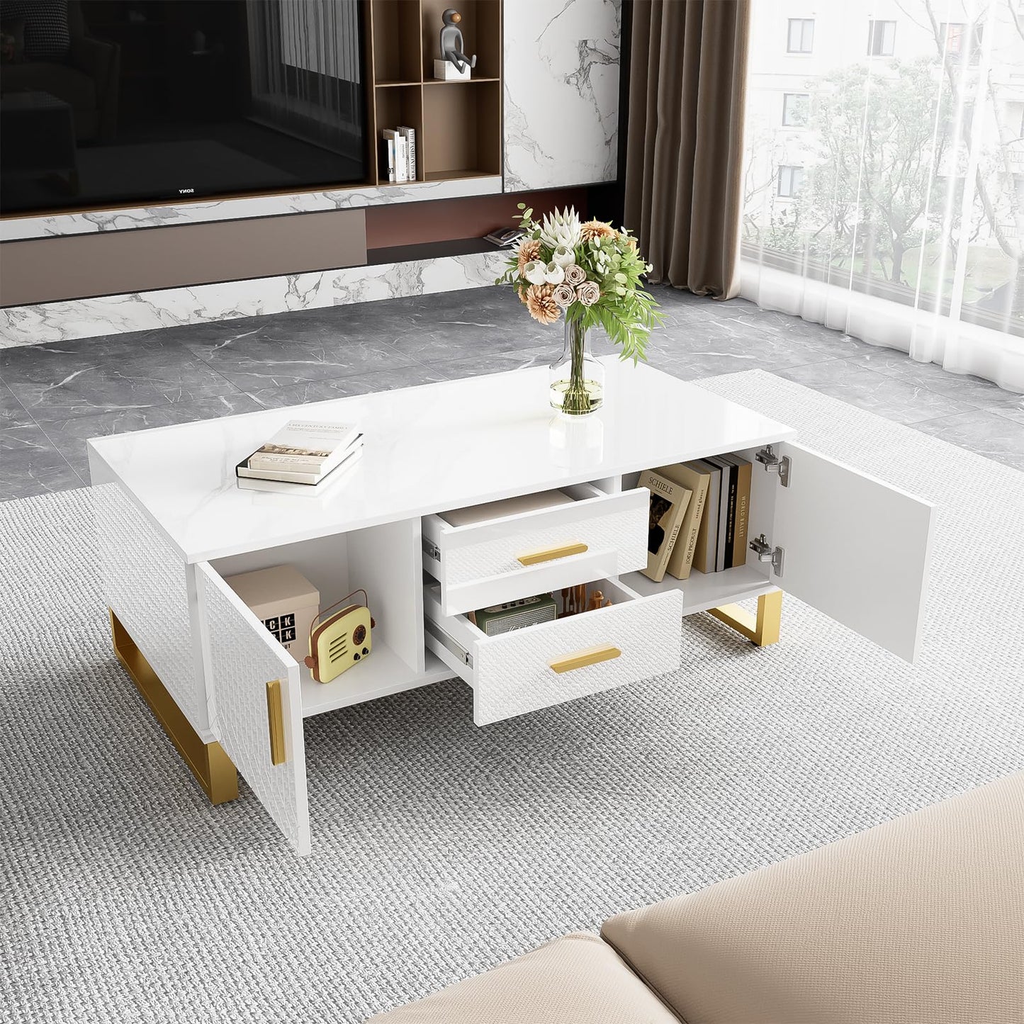 Table basse,Table basse salon,Table basse brillante,Table basse carrée avec tiroirs,équipée de deux portes,Poignées et pieds dorés,avec compartiment de rangement ouvert,Table basse 107x40,5x55 cm