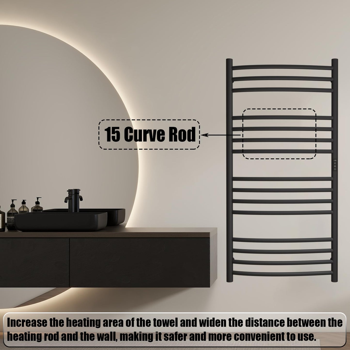 Sèche-Serviette Électrique Noir,185 W Chauffe-Serviettes 1100×600 mm WiFi Intelligent Porte-Serviettes Chauffant Électrique 15 Barres Courbes Commande Tactile à LED
