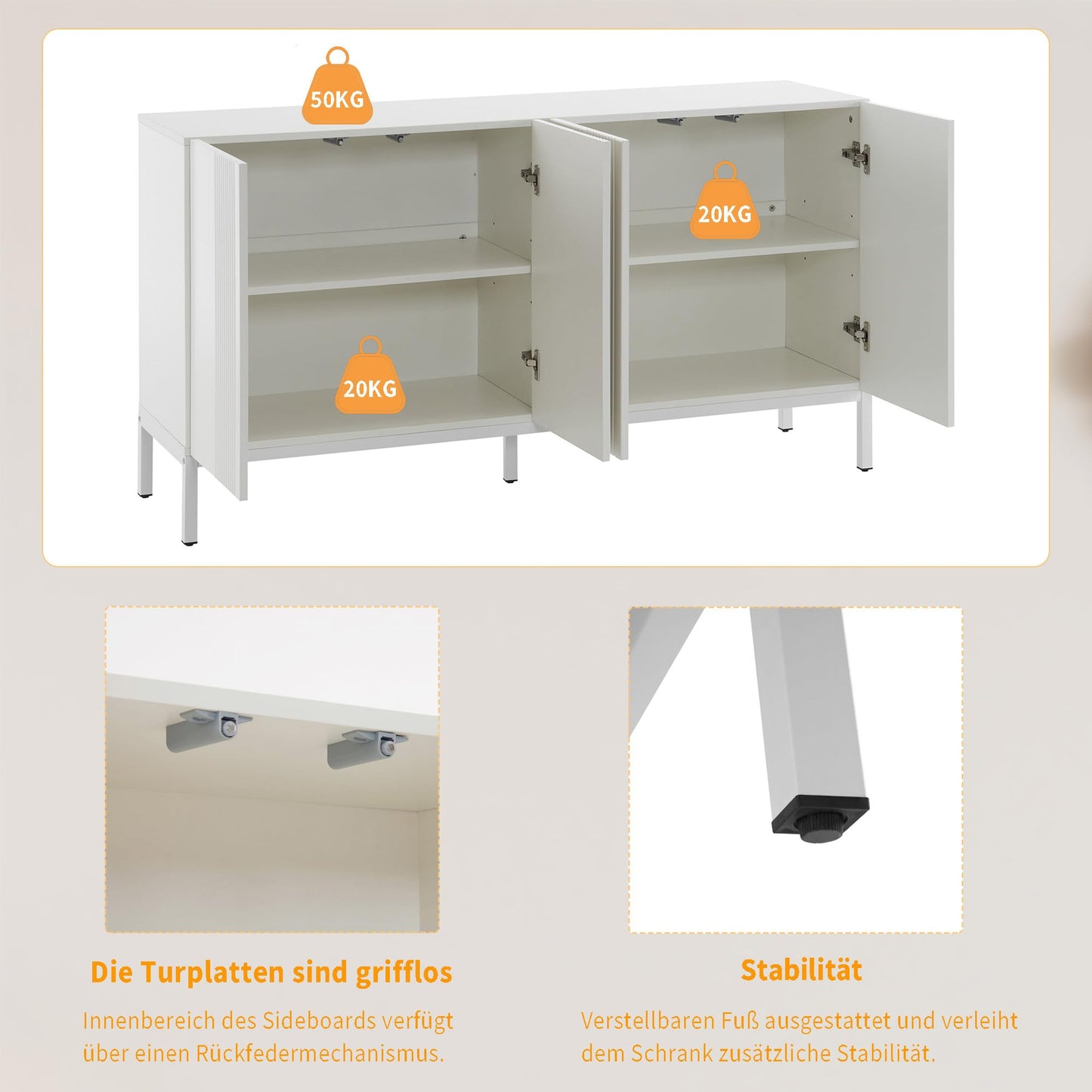 Buffet Blanc Moderne à 4 portes, Buffet Salle a Manger aux Lignes Uniques, Étagères Réglables, Porte sans Poignée, Beaucoup d'espace de Rangement, Vaisselier Bois, pour Salle à Manger Salon Cuisine