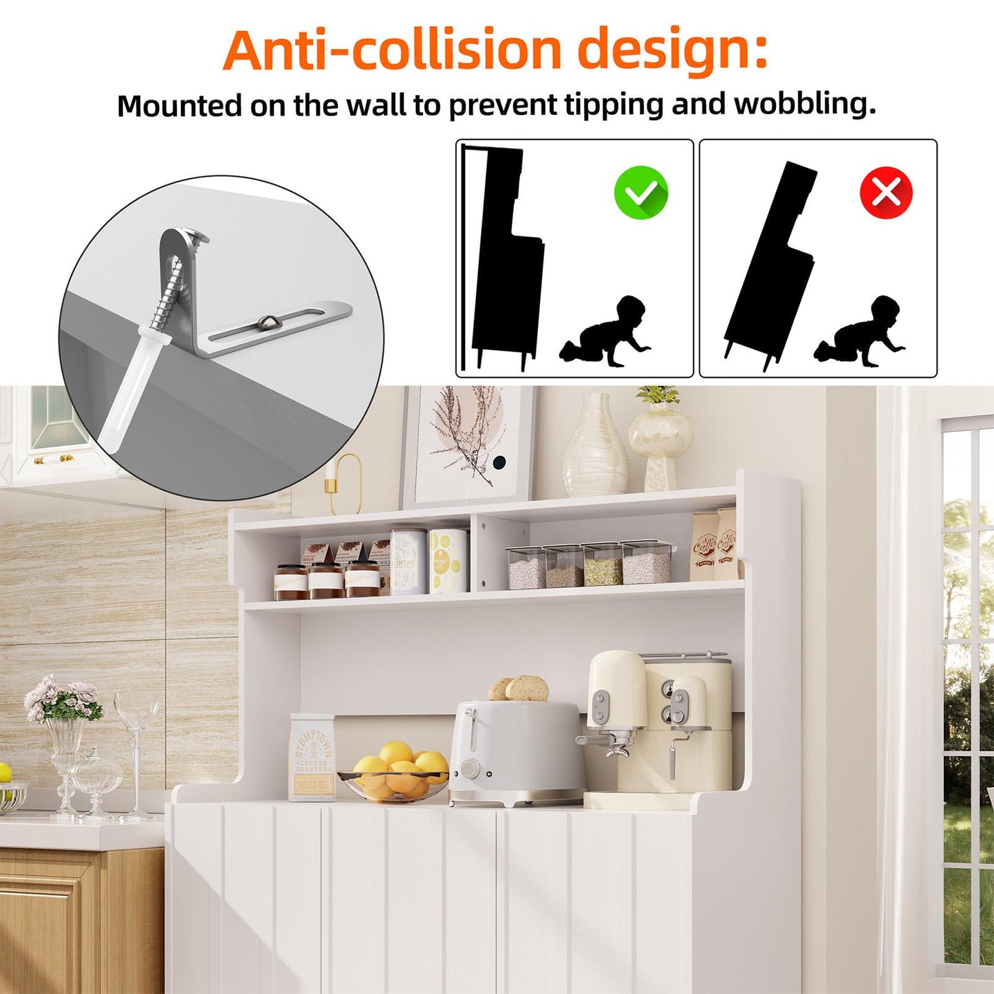 Buffet de Cuisine, Armoire de Cuisine 2 Placards Portes, Vaisselier Cuisine Anti-basculement, Meuble Cuisine Rangement Conception Ouverte, Grande Capacité, Style Simple, 120 x 40 x 151cm