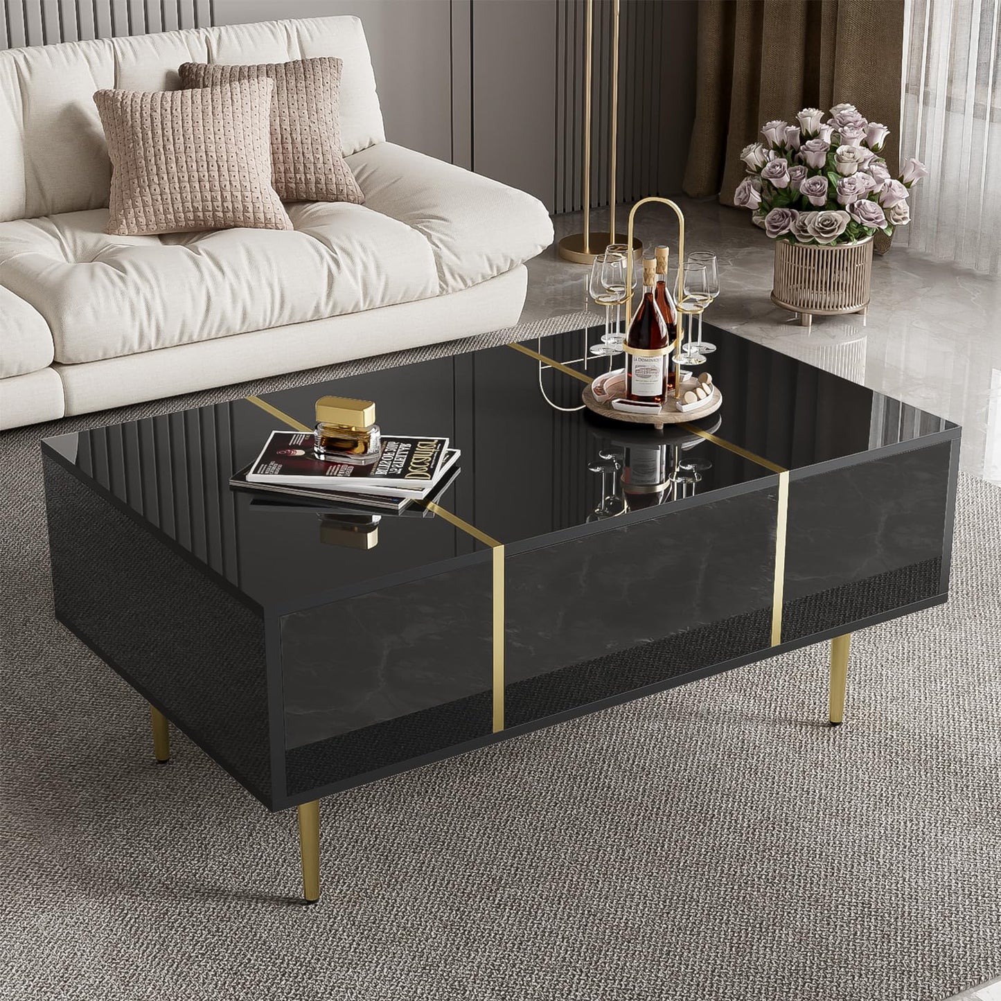Peiaw Table Basse,Table Basse Salon,Noir Table Basse Brillante,Table Basse carrée Moderne,Table Basse avec Deux tiroirs,Pieds de Table dorés,Garde au Sol 19,5 cm,Table Basse 100 x 60 x 41,5cm