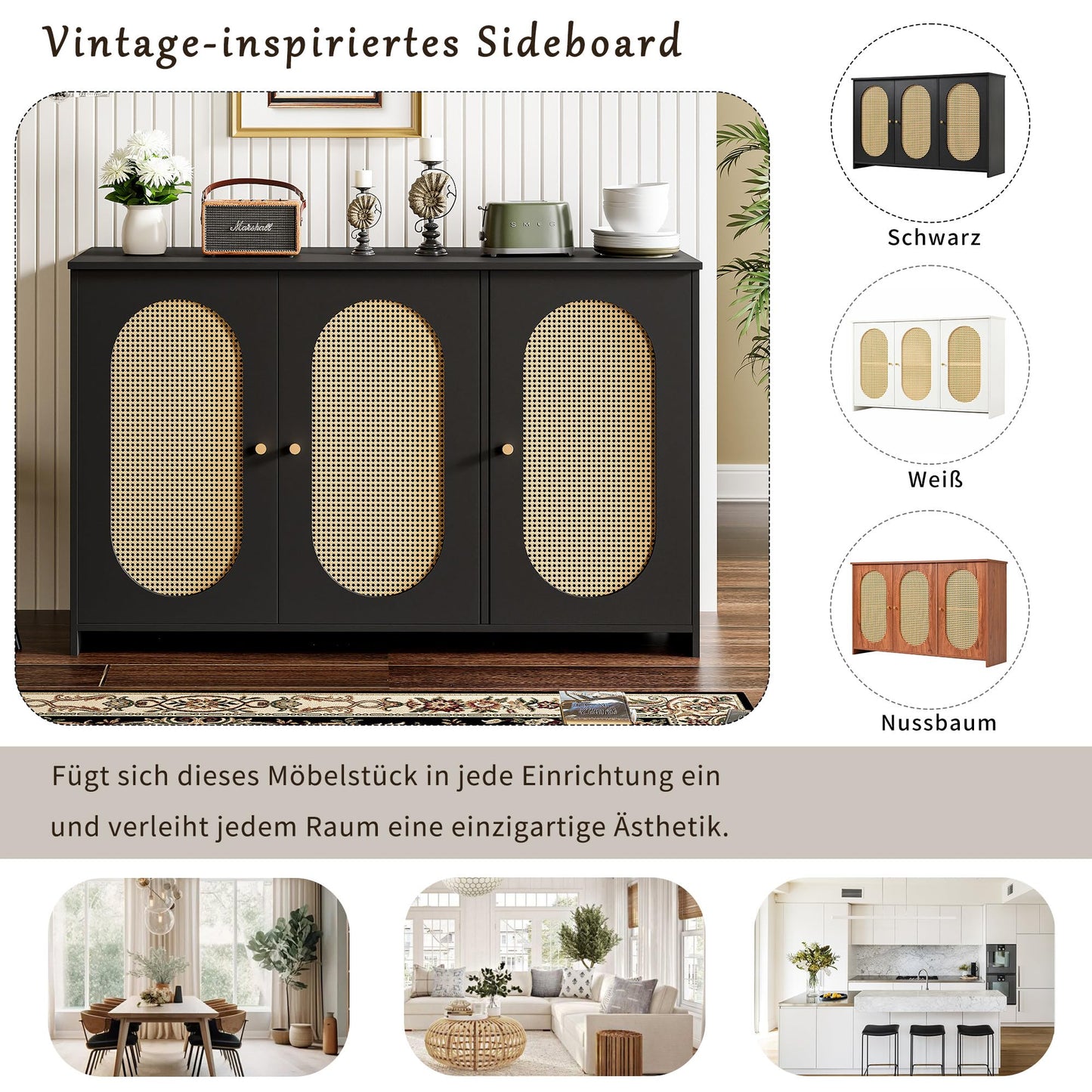 SHUGUANG 125 x 38 x 78 cm Buffet Moderne, Armoire Cuisine avec 3 Portes d'armoire Avoir Grand Espace de Rangement et Portes en Rotin Artificiel, Buffet de Salon Applicables à Salon, Salle à Manger