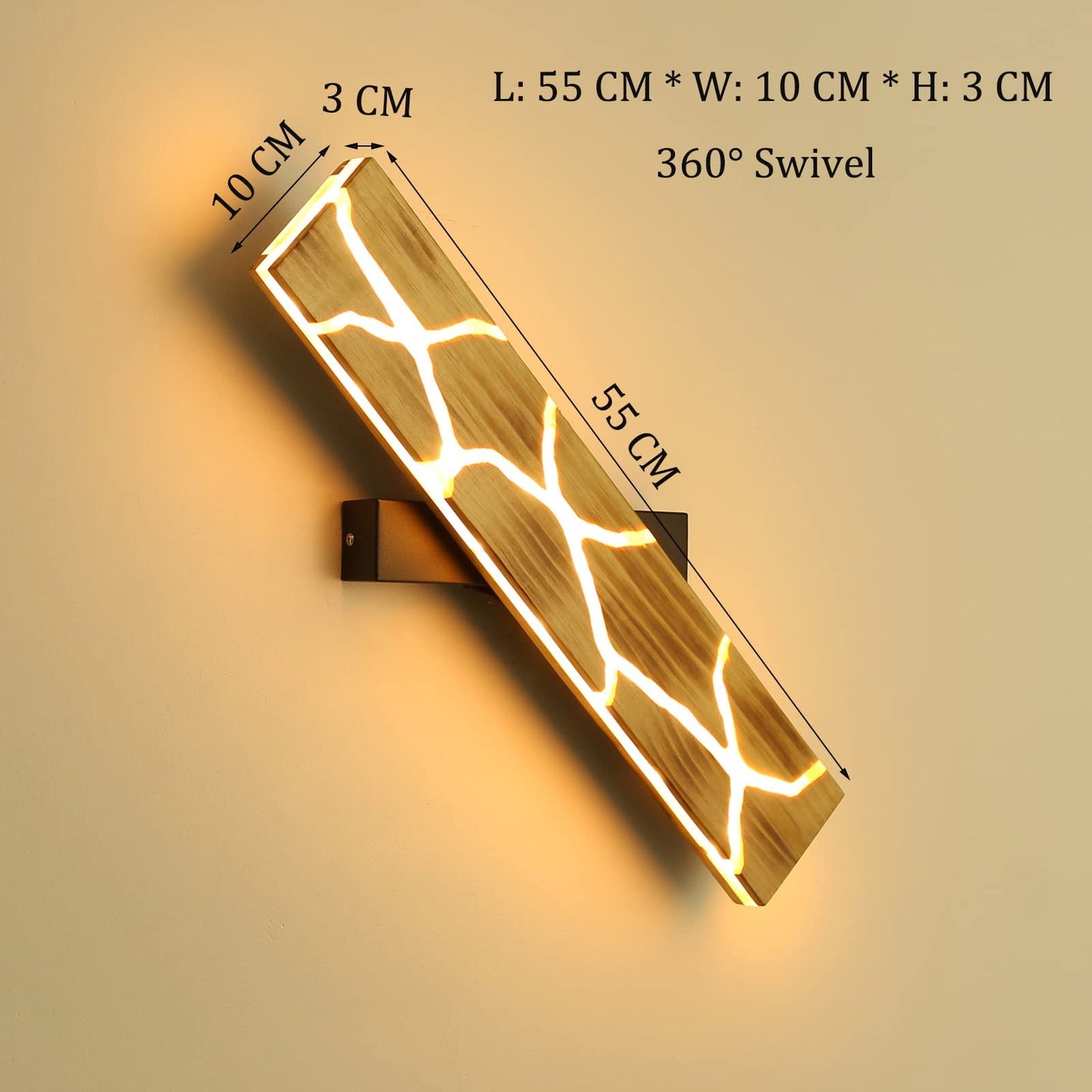 Applique Murale LED, 55 CM Intérieure Applique en Bois, 18W Lampe Murale Crack 360° Rotatif Luminaire Mural 3000K Applique Murale Intérieur 2000LM Résine Applique Murale Bois
