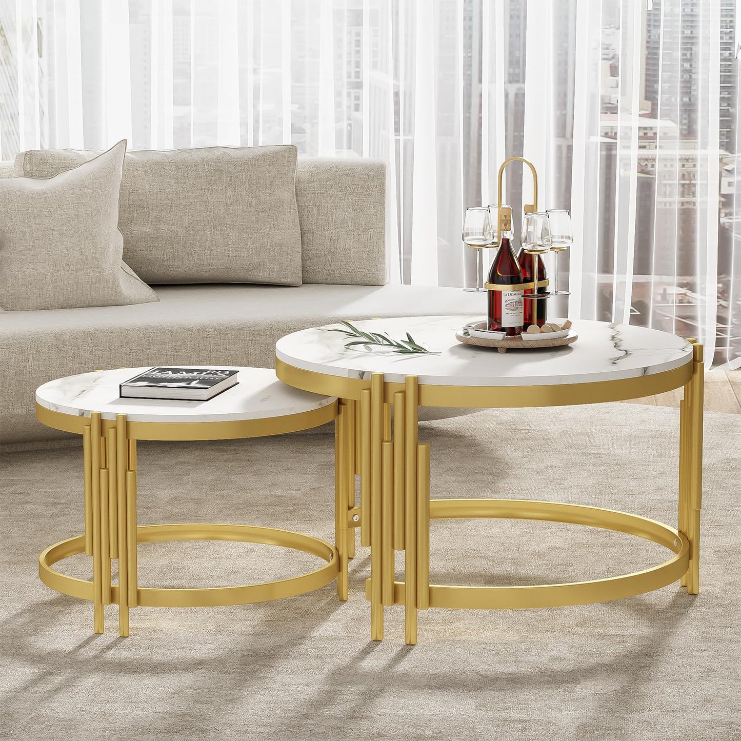 Peiaw Table Basse,Table de Salon,Table Basse Ronde,Lot de 2 Tables Basses de Salon Gigognes,Aspect marbre Blanc et Structure en Acier doré,Table de Salon 71,5 x 71,5 x 44 & 51,5 x 51,5 x 37 cm
