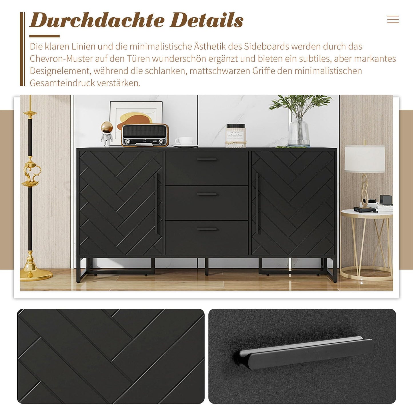 Sideboard, Kommode 2 Türen und 3 Schubladen, Küchenschrank Schwarz Moderner Stil, Mehrzweckschrank Hohe Tragfähigkeit, Verstellbare Regale, Mattschwarzer Griff, 145 x 75 x 40 cm (B/H/T)