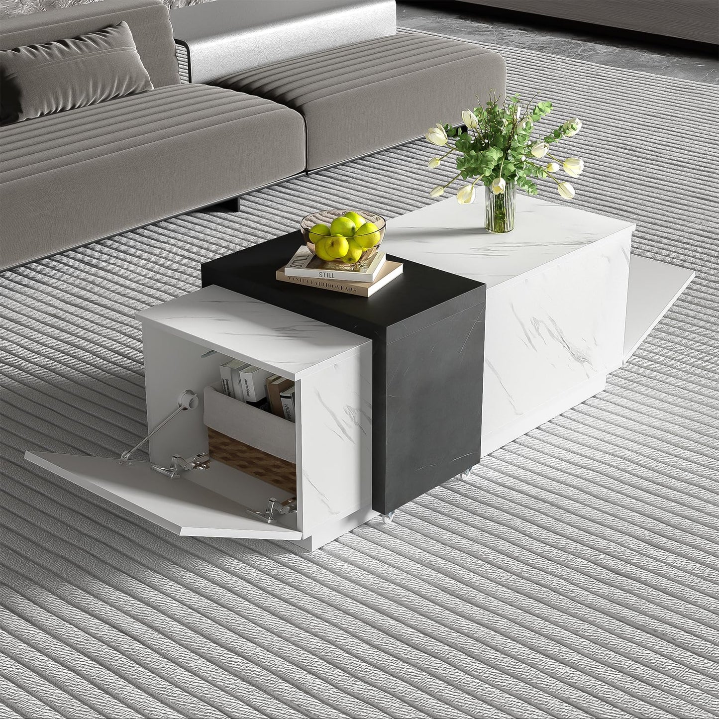 Table basse,Table de salon, aspect marbre blanc, table basse mobile en marbre noir, deux portes de placard, avec charnières amortissantes, avec espace de rangement, table basse de 110 x 50 x 40 cm