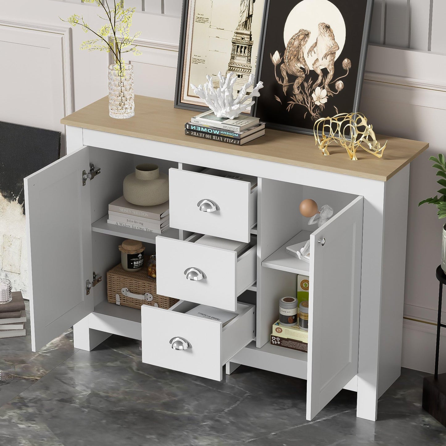 Buffet Bois Blanc Chaud avec 2 Portes et 3 Tiroirs, Meuble Buffet Simple et Élégant, Poignées Argentées, Étagère Réglable, Charnières à Fermeture Douce, pour Salon, Cuisine, Entrée, 116x35x81 cm
