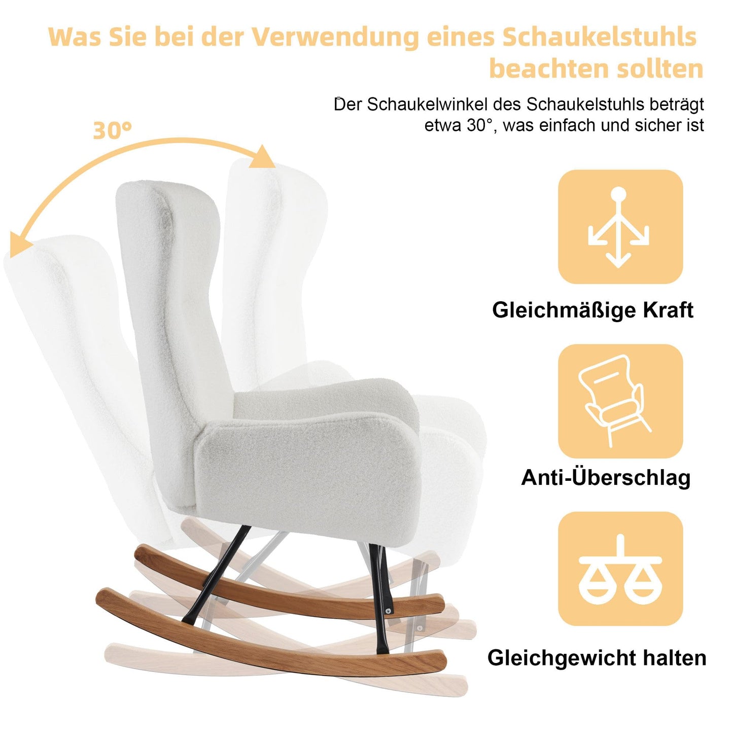 SHUGUANG Chaise a Bascule avec Cadre en Bois Massif, Fauteuil À Bascule Teddy-Fleece-Stoff, Conception Simple Chaise de Lecture Fauteuil Bascule en Vigueur Chambre à Coucher, Salon