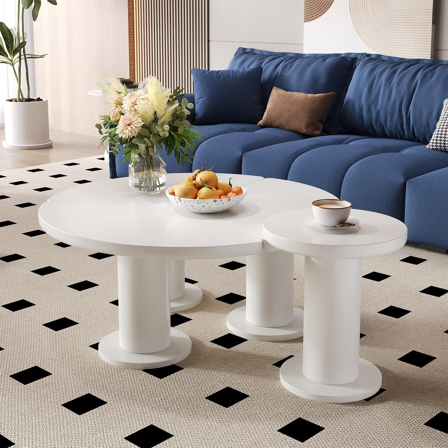 Peiaw Table Basse,Table Basse Minimaliste Moderne,Ensemble de Table Basse Ronde,Table Basse Style crème Blanc,Colonne de Support cylindrique,Table Basse 39,8 x 39,8 x 42,2 + 100 x 100 x 40 cm