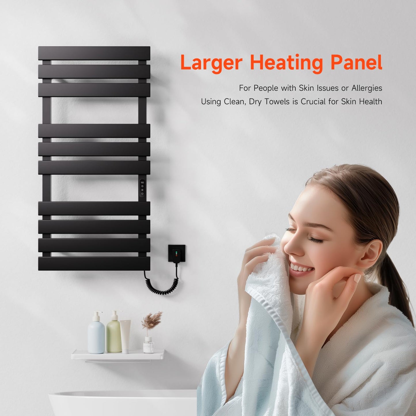 OihPaw Sèche Serviettes Électrique,1100x550mm Porte-Serviettes électrique Noir Droite WiFi Compatible avec App Alexa Google Assistant,446W seche Serviette Electrique,1-9H Minuterie Thermostat