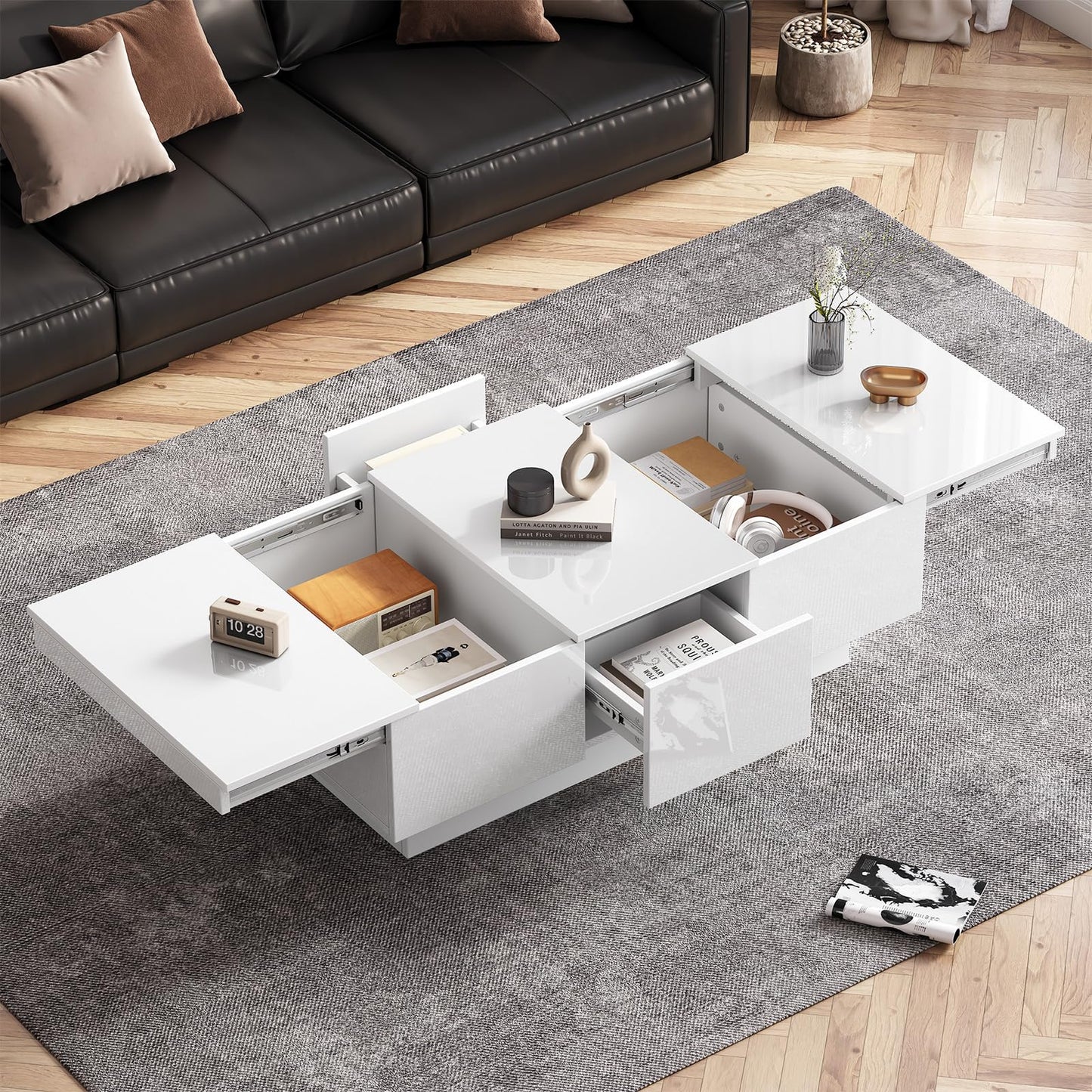 Peiaw Table Basse,Table Basse Blanche à Haute Brillance,Table Basse avec Fonction coulissante,Table Basse avec Deux tiroirs et Deux Compartiments de Rangement cachés,Table Basse 100 x 55 x 35 cm