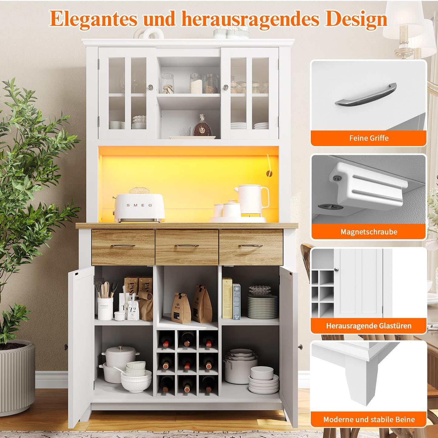 Armoire de Cuisine, Enfilade Buffet Haute, Vitrine avec Étagères Réglables et Casier à Vin, Buffet de Salon avec Éclairage LED, Beaucoup D'espace de Rangement, 106*40*179.5cm (Tiroirs Blanc/Bois)