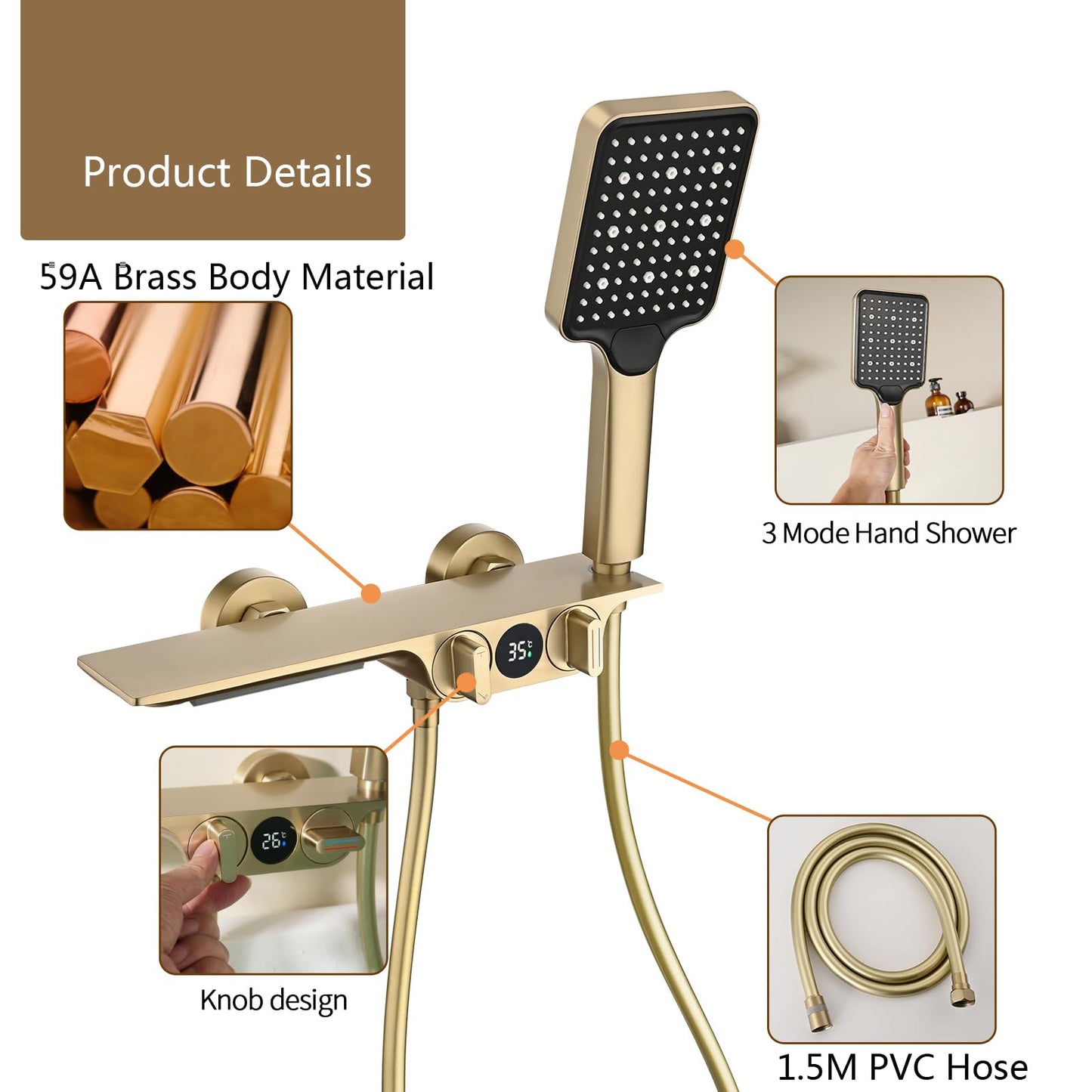 Robinet De Baignoire Cascade avec Affichage de la Température, Or Brossé Mitigeur Baignoire Mural avec Douchette À 3 Fonctions Robinet Pour Bain De Salle De Bain, 1.5M PVC Tuyau