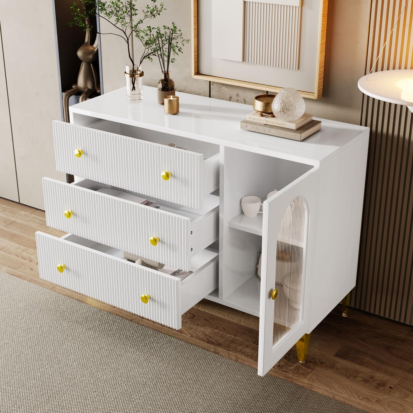 Buffet,Meuble de Cuisine Rangement, Blanc Commode, 105.5 x 40 x 78 cm,Buffet Salon avec 1 Portes Vitrées 3 Tiroirs,Convient aux Chambres, Bureaux, salles de Classe et balcons