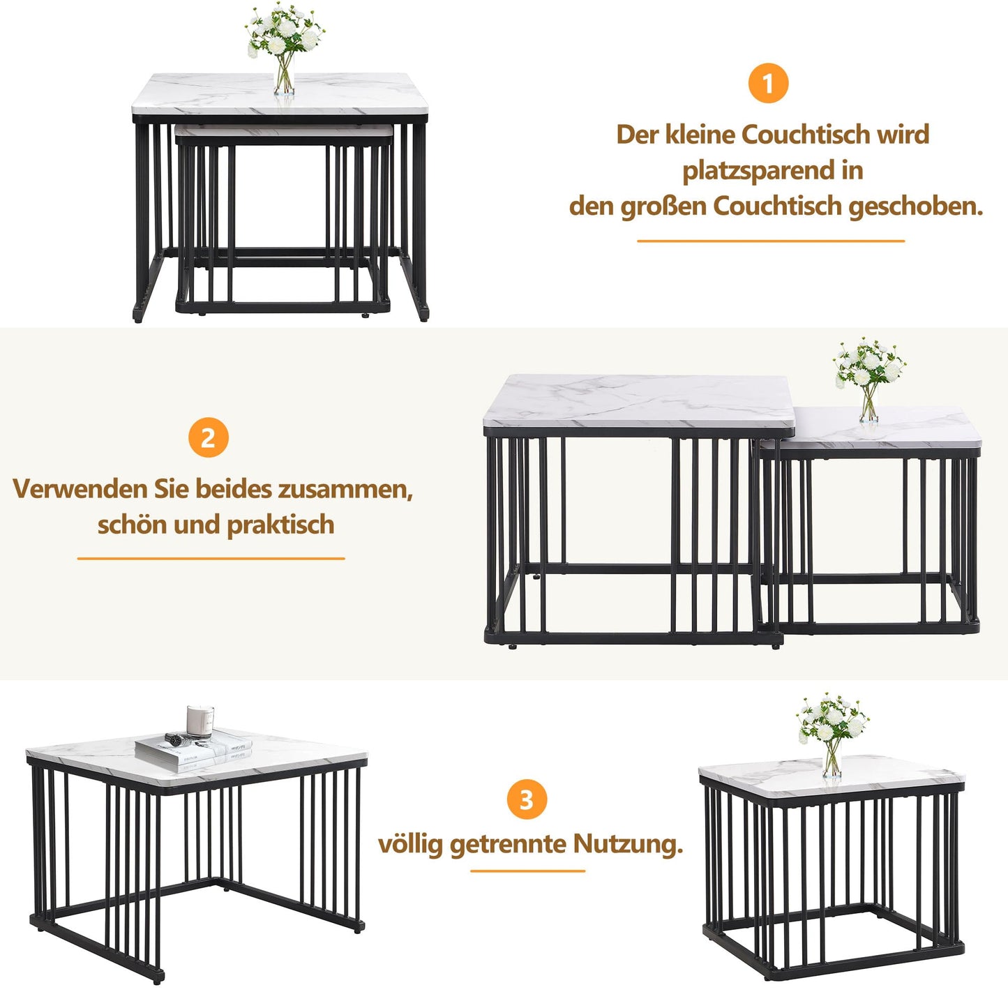 Lot de 2 Tables Basses Gigognes Carré, Tables Basse Empilable Aspect Marbre, Table Basse Salon Chambre avec Cadre en Métal, Polyvalent Tables Bassee pour Bureau, Appartement