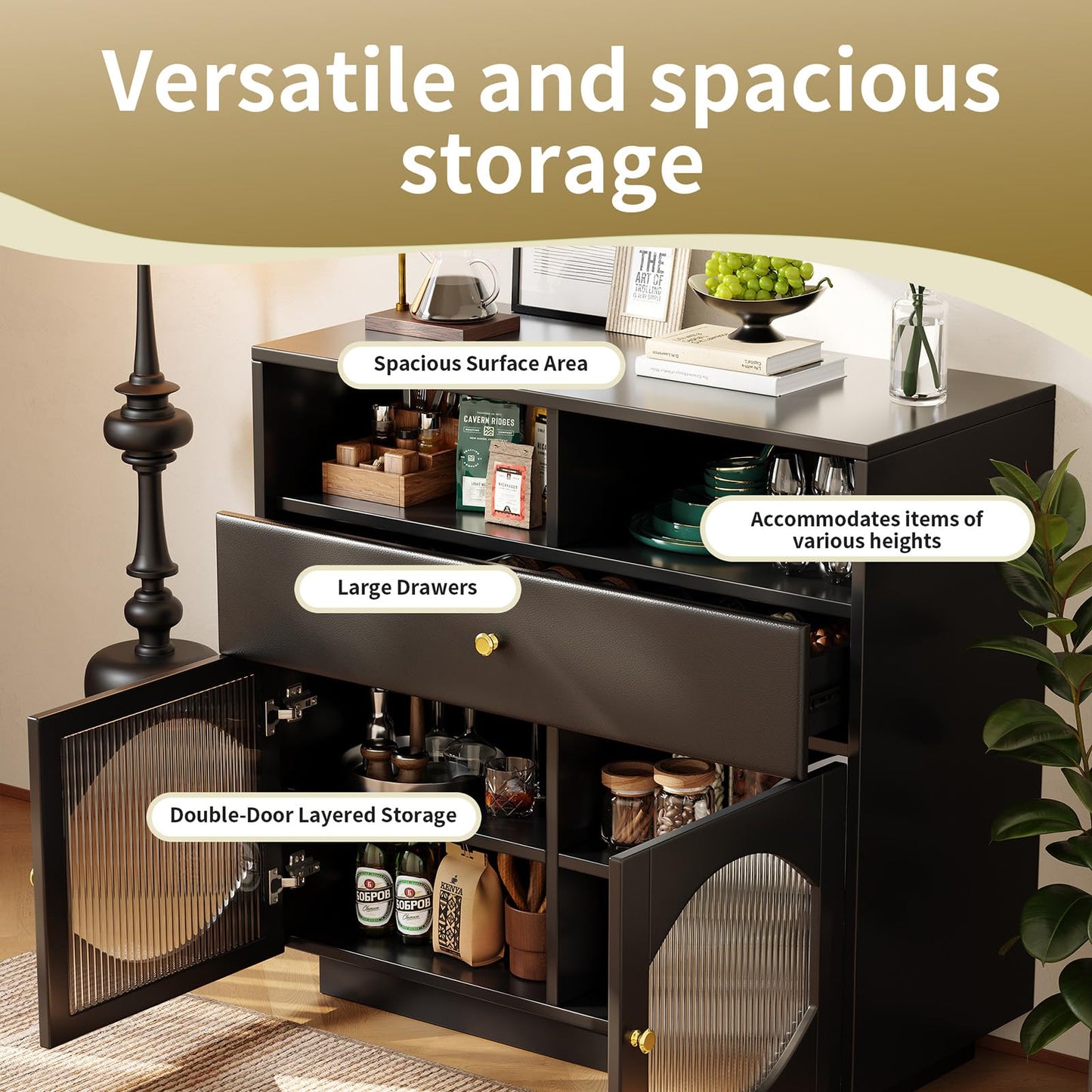 Peiaw Buffet, Meuble de Cuisine, Meuble de Rangement,Buffet Noir Moderne, Commode,Compartiment de Rangement Ouvert,Buffet avec Porte vitrée,Buffet avec 2 Portes et 1 tiroir,100×40×90.5cm