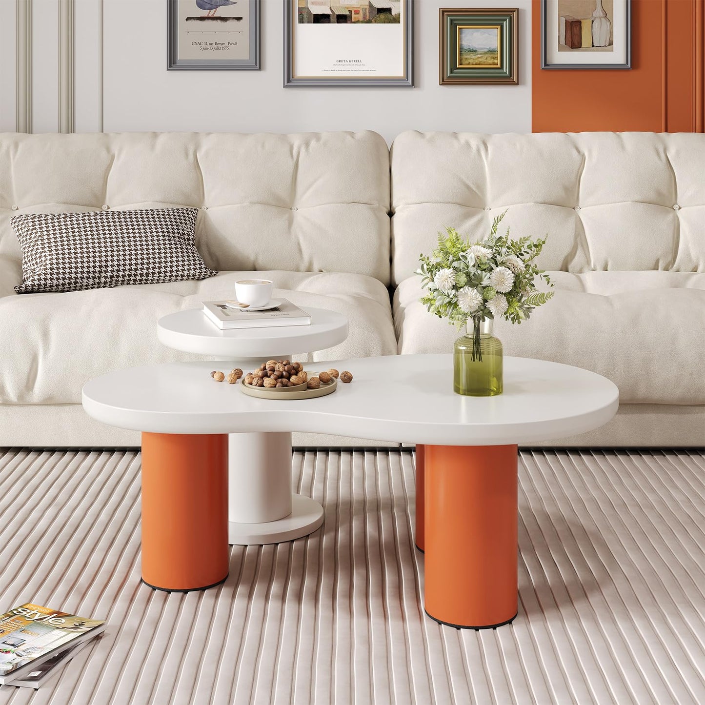Peiaw Table Basse,Table Basse Minimaliste Moderne,Ensemble de Table Basse en Forme de Nuage,Table Basse Blanche et Orange,Colonne de Support cylindrique,Table Basse 39,8x39,8x42,2 + 99,5x58x35,5 cm