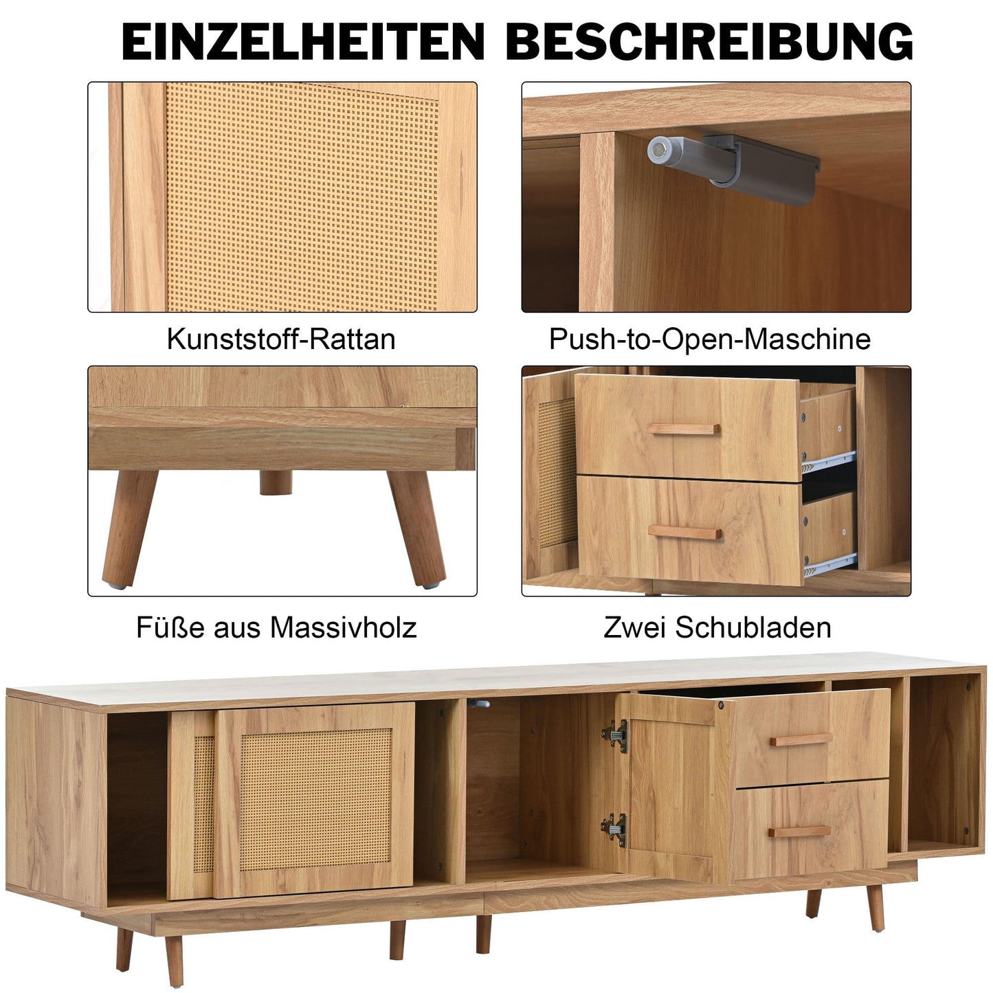 Meuble TV de Style Bohème en Rotin pour Téléviseurs de 80 Pouces, Meubles TV Bois, Banc TV Rustique avec 2 Casiers, 2 Tiroirs, 2 Étagères Ouvertes, Chambre Meuble Salon, 190x40x52 cm, Chêne Naturel