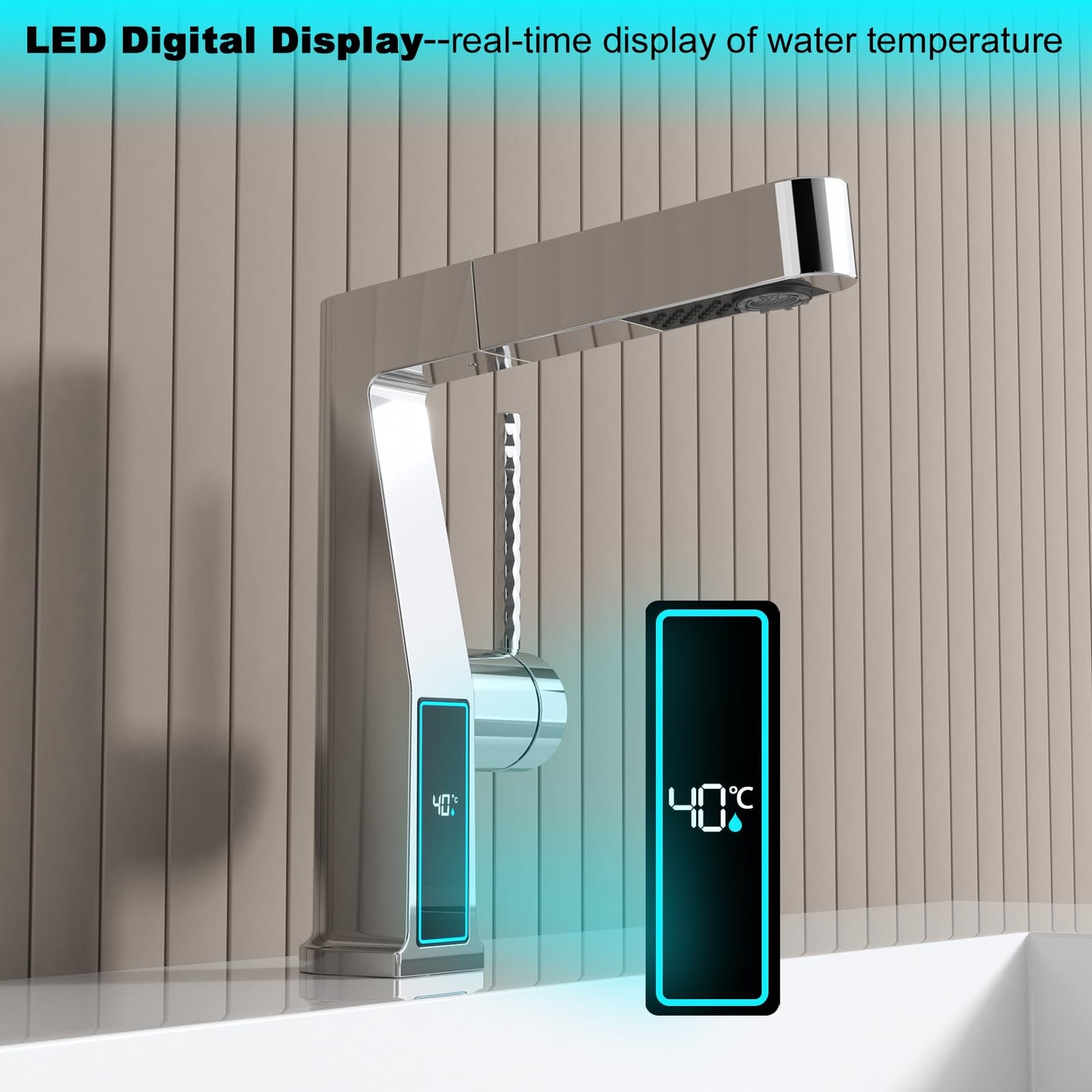 Robinet de Lavabo avec Douchette 3 Modes, Extractible Robinet de Salle de Bain avec Affichage Numérique LED Mitigeur Lavabo Monocommande Chaude et Froide Robinet Salle de Bain