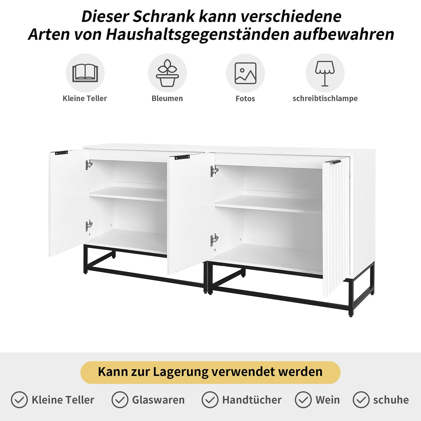 Sideboard mit 4 Türen, Küchenschrank Style Moderne, Schubladenschrank Hohe Tragfähigkeit, Mehrzweckschrank mit Metallgriffen und Rahmenbeinen, Kratzfeste Fußmatten, 160 x 80.5 x 40 cm (B/H/T)