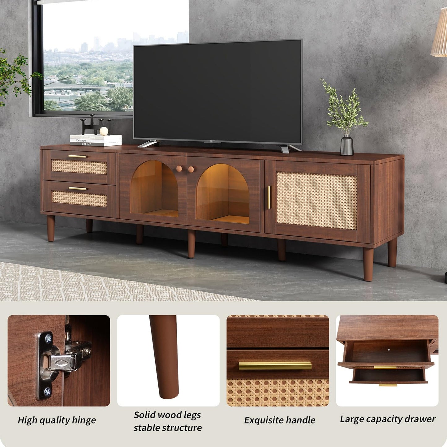 Meuble TV 180cm, Armoire De Télévision Rotin Tressé, Meuble Télé de Salon Convient Aux Téléviseurs de 80 Pouces, Table Télévision 2 Ports de Gestion des Câbles, 2 Portes 2 Tiroirs 4 Étagères Ouvertes