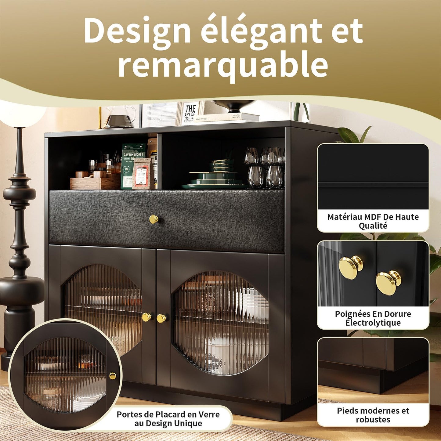 Sideboard Mit Glastür, Küchenschrank Mit Schublade aus PU-Leder, Kommode Modern, Mehrzweckschrank für Wohnzimmer, Esszimmer, Hohe Tragfähigkeit, 100 x 90.5 x 40 cm (B/H/T)