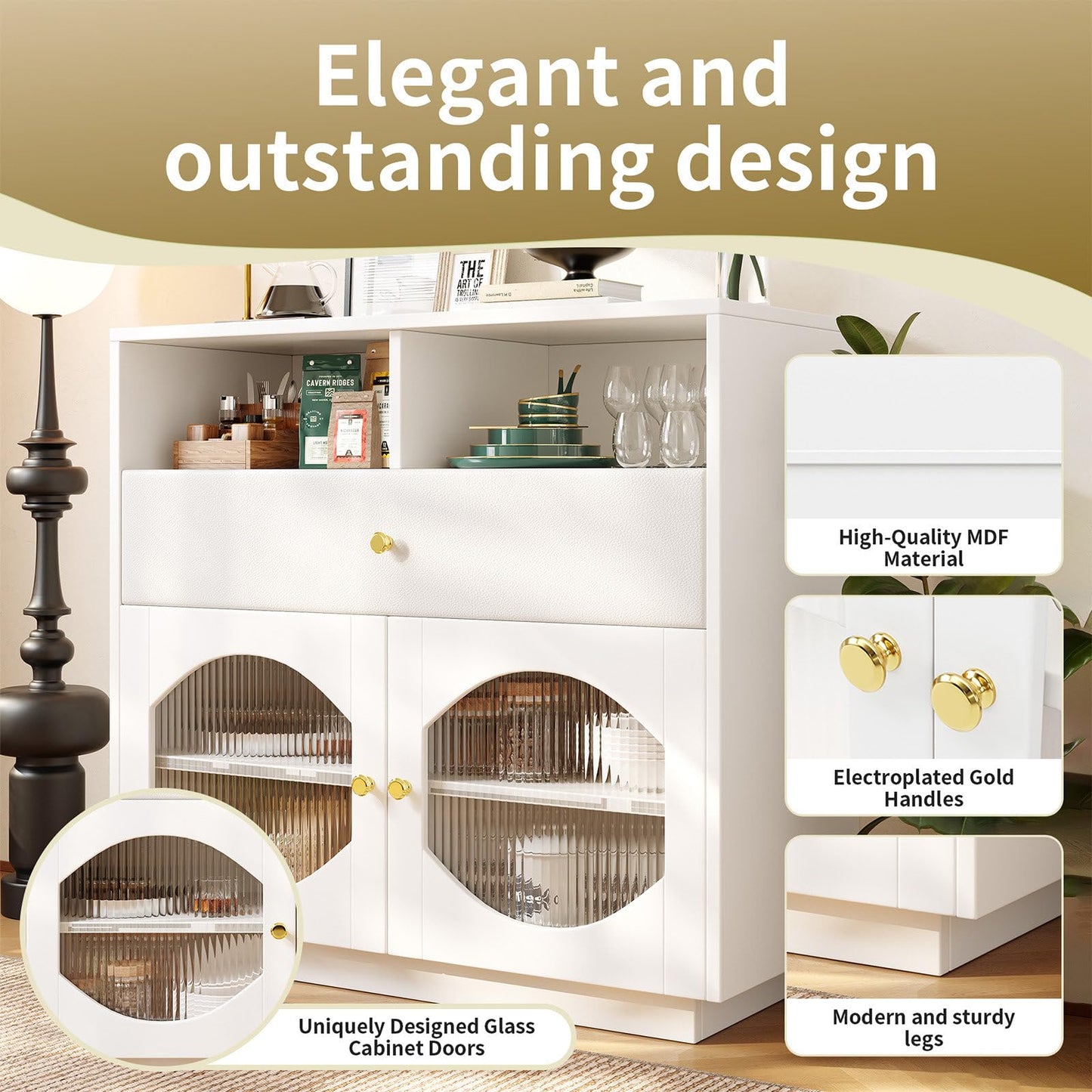 Sideboard Mit Glastür, Küchenschrank Mit Schublade aus PU-Leder, Kommode Modern, Mehrzweckschrank für Wohnzimmer, Esszimmer, Hohe Tragfähigkeit, 100 x 90.5 x 40 cm (B/H/T)