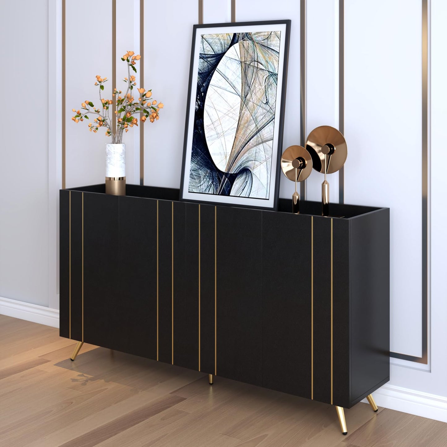 Buffet cuisine,Armoire multifonctionnelle,meuble de salon noir,Buffet moderne en bois,Buffet 4 portes,pieds dorés,bande de métal doré,Salon cuisine salle à manger meuble de rangement 160x38x80 cm