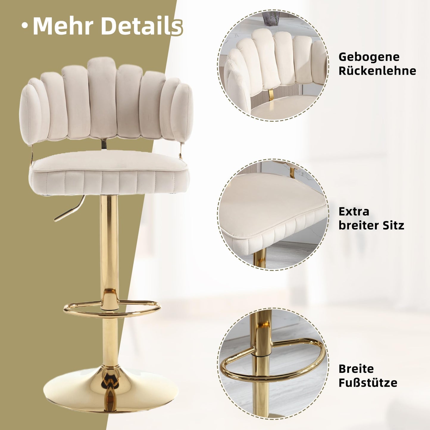 Tabouret Bar Lot de 2 Pivotants Velours Chaise de Bar à Hauteur Comptoir avec Dossier, Repose-pieds, Chaise Haute Bar Comptoir Réglables, Chaises D'îlot pour Salle à Manger, Noir/Gris/Ivoire/Émeraude