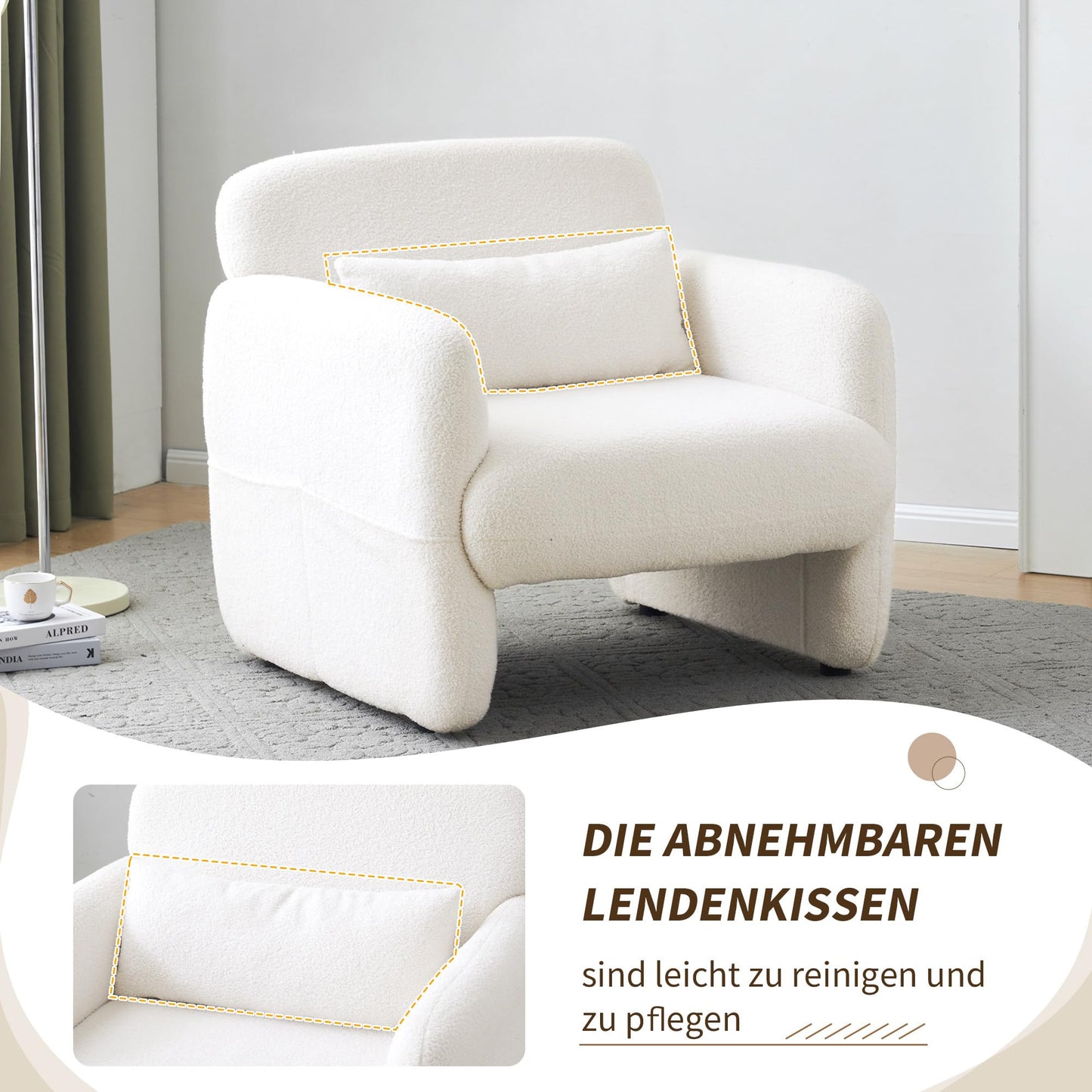 Blanc Chaise de Llecture, Fauteuil de Loisirs Teddy-Fleece-Stoff, Fauteuil salon Confortable avec Cadre en Bois Massif, Conception simple Fauteuil Chambre En Vigueur Chambre à Coucher, Salon,
