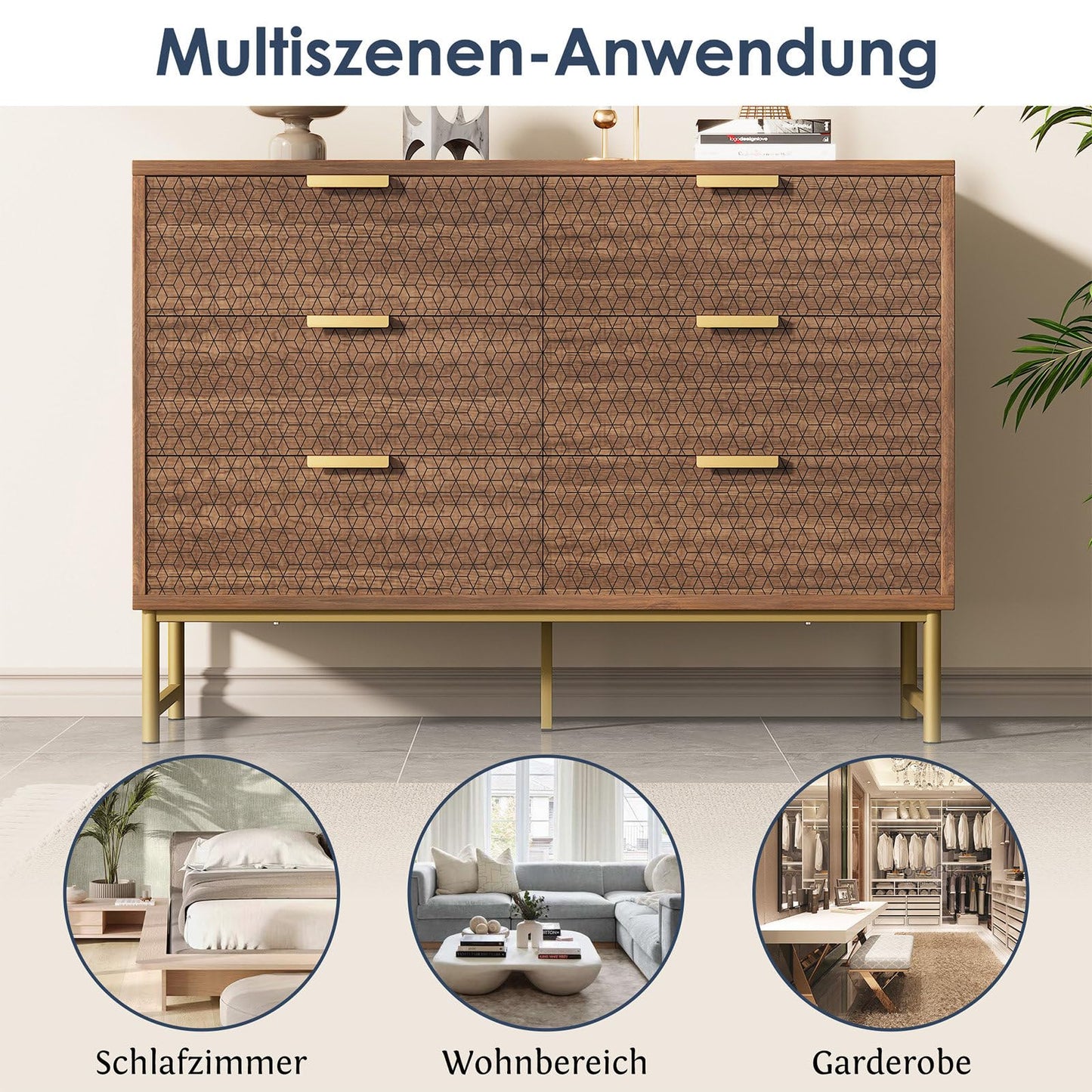 Kommode, Sideboard, Küchen Schrank, Mehrzweckschrank 6 Schubladen mit Griffen, Kippsicher, Höhenverstellbar, Geeignet für Wohnzimmer, Schlafzimmer, Esszimmer, 120 x 75 x 40 cm (B/H/T), Walnussfarbe