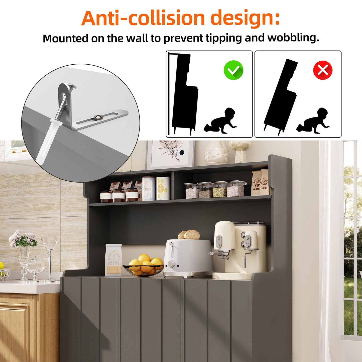 Buffet de Cuisine, Armoire de Cuisine 2 Placards Portes, Vaisselier Cuisine Anti-basculement, Meuble Cuisine Rangement Conception Ouverte, Grande Capacité, Style Simple, 120 x 40 x 151cm