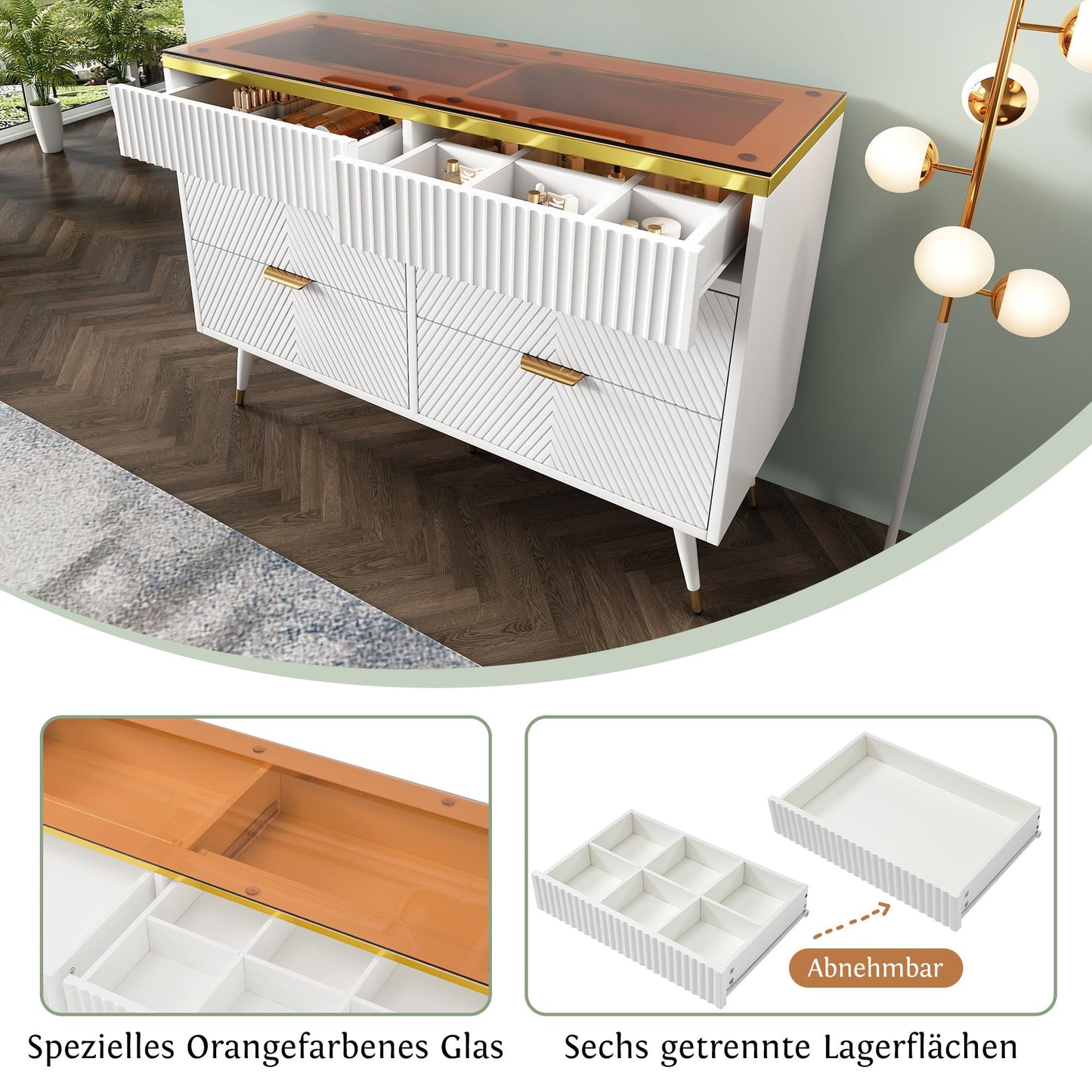 120 x 40 x 76 cm Blanc Commode Rangement avec 6 Tiroirs, Commode Salon en Verre Ambré, Buffet Moderne avec Résistance à La Pointe, Armoire Rangement Applicables à Salon, Chambre ,Salle à Manger