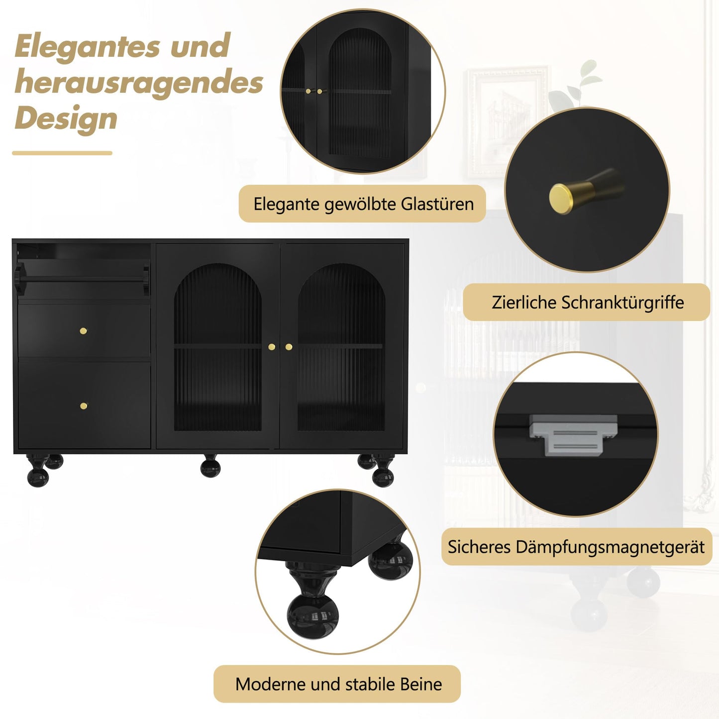 120 x 40 x 75.5 cm Noir Bahut de Salle a Manger, Armoire de Cuisine avec 3 Tiroirs et 2 Porte D'armoire Vitrée et Porte-Serviettes, Armoire de Rangement Polyvalente à Cuisine, Salon, Salle à Manger