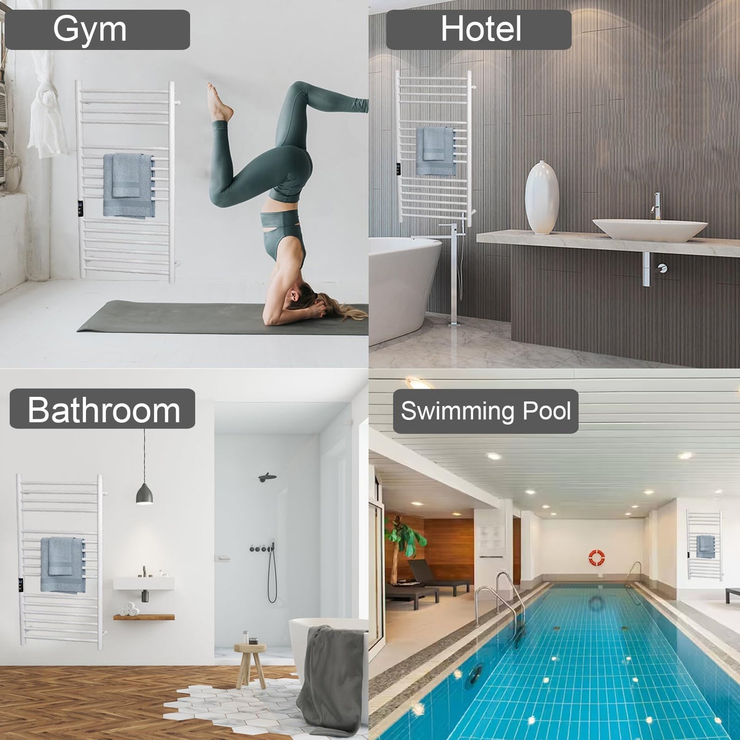 Sèche-Serviettes Électrique, 200W Radiateur Salle de Bain Affichage Numérique Porte-Serviettes Chauffant Murale 16 Barres Sèche-Serviettes Chauffant 304 Acier Inoxydable, 115 * 48 * 1.2cm
